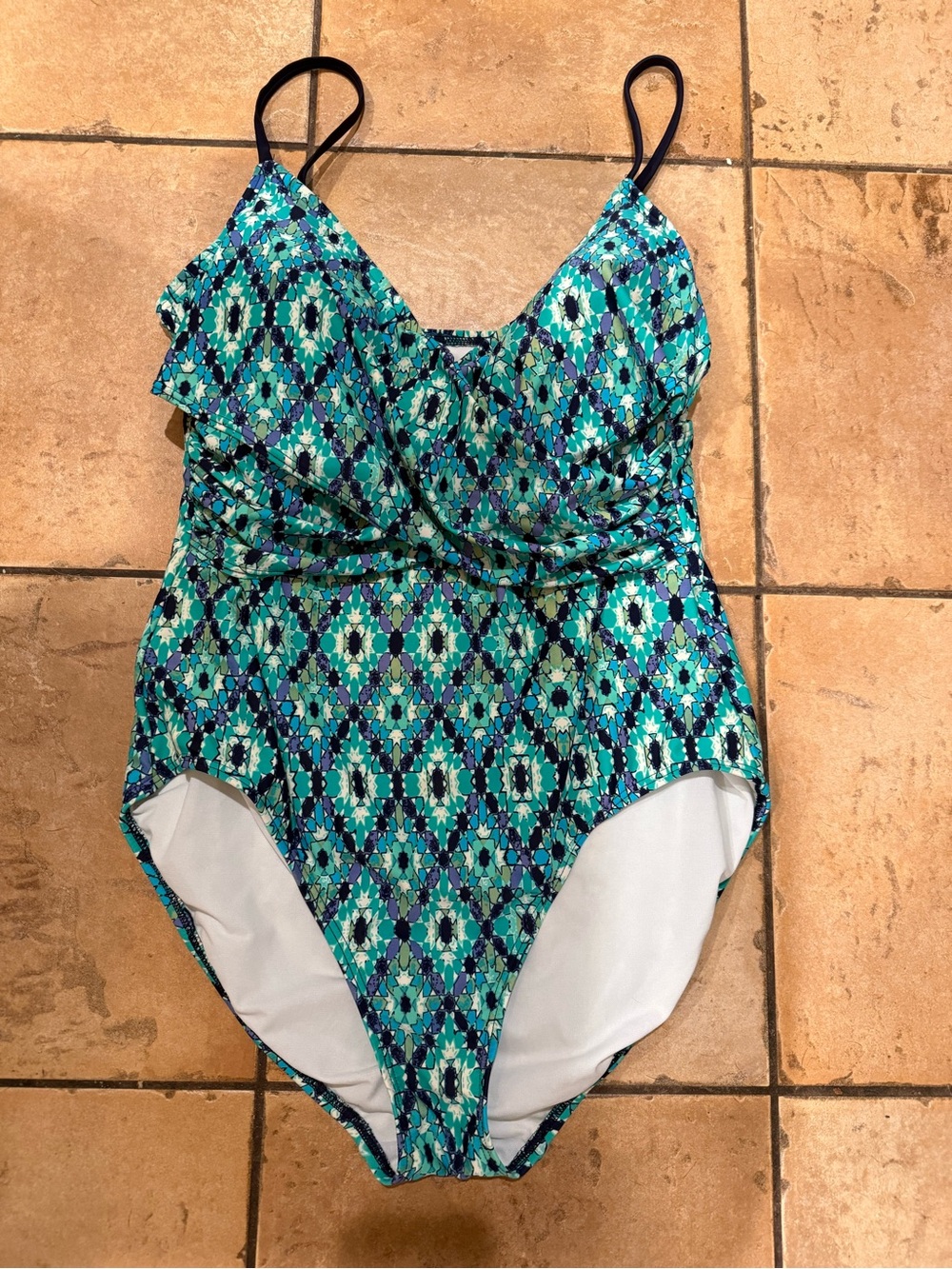 Merona Teal, Navy & Aqua Geometric One-Piece Swimsuit